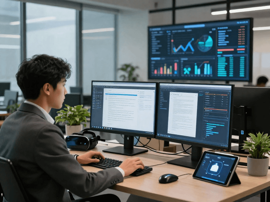 Advanced document fraud detection analysis in a modern office with data visualization tools.