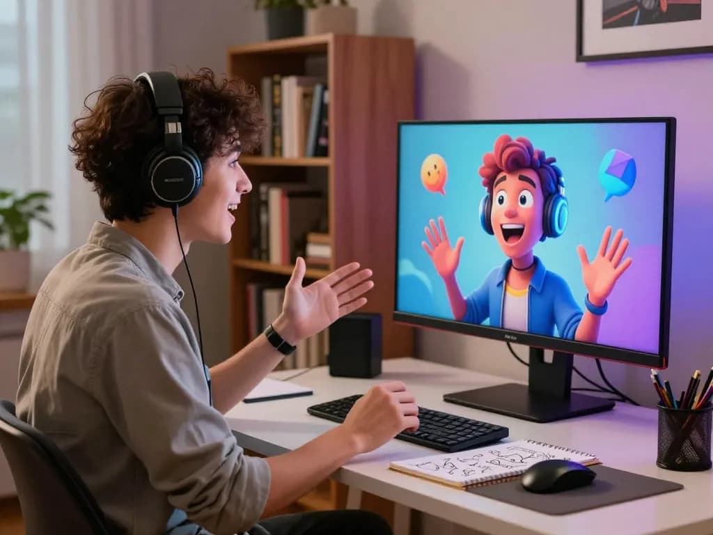 Engaging crush ai interaction in a modern home office setting, showcasing dynamic virtual character and user.