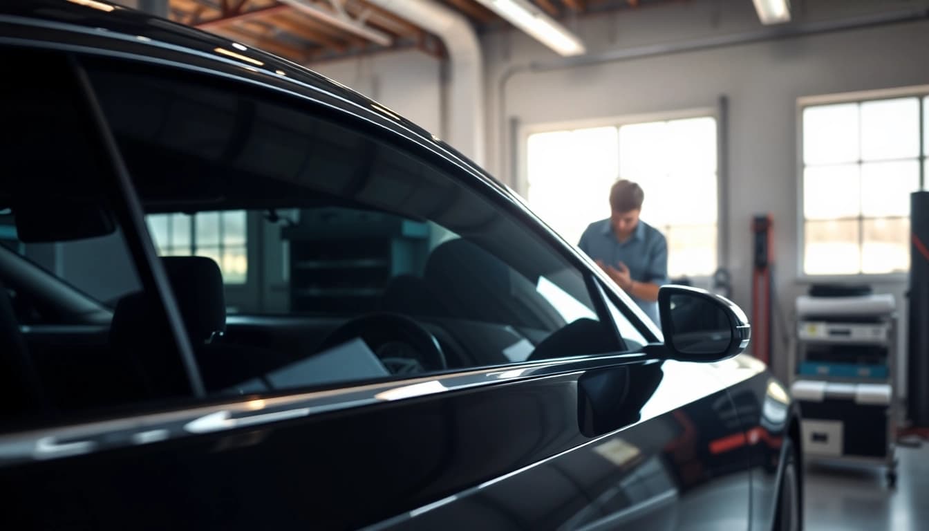 Apply auto window tint near me with expert technicians in an indoor car setting.