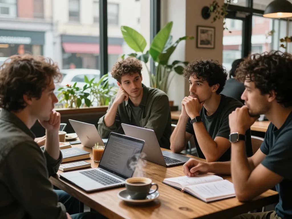 Men in a man club discussing personal growth and mental wellness in a cozy coffee shop.