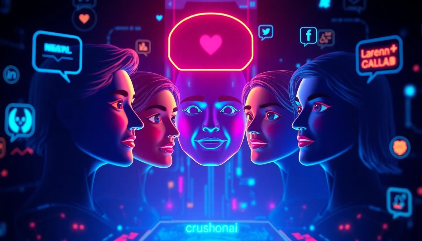 Engaging digital chat interface showcasing crushonai AI avatars with vibrant colors.