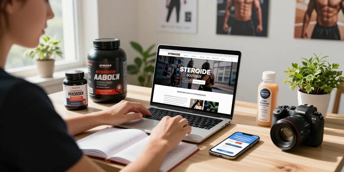 Steroide Boutique online shopping experience with a user exploring anabolic supplements in a vibrant home office setting.