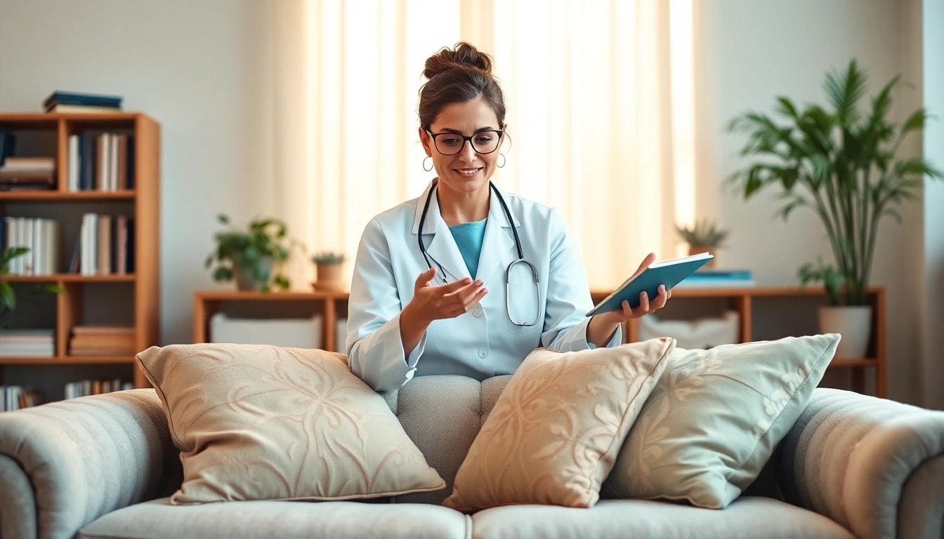 Psychologist consulting on stress and anxiety relief in a calming office setting.