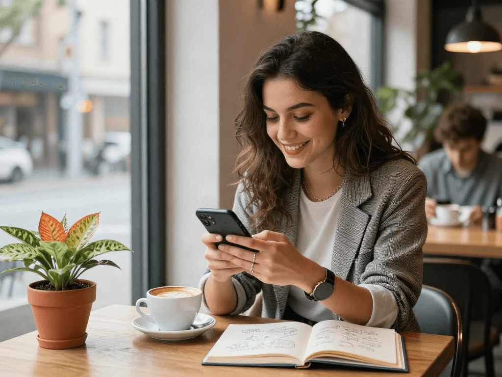 Young woman with a crush on someone enjoying coffee at a café, smiling while using her smartphone.