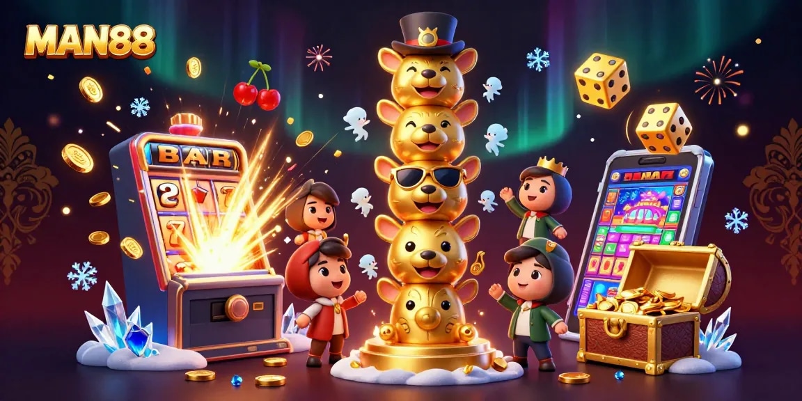 Experience thrilling gaming at MAN88 with vibrant slot machines and a colorful casino atmosphere.