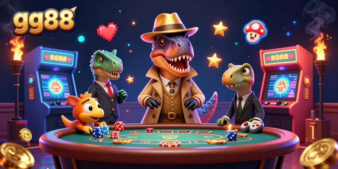 Experience thrilling gameplay at gg88 with a cartoon velociraptor counter at the blackjack table amidst exciting 3D casino elements.