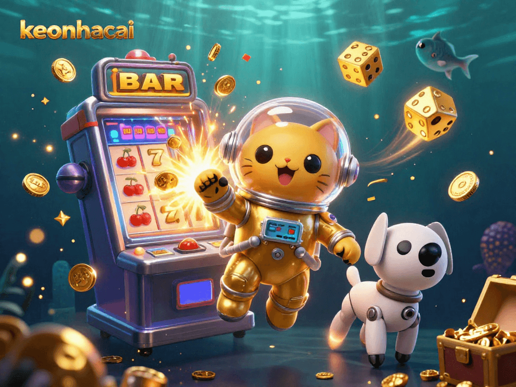 Spin the reels for massive wins with keonhacai in this vibrant 3D casino scene.