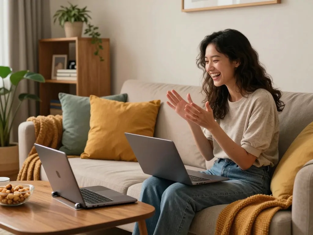 Engaging moment with girlfriend AI in a cozy living room, showcasing emotional connection and technology.
