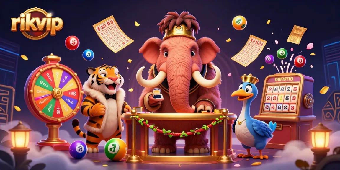 Experience the excitement at rikvip with a woolly mammoth bouncer checking IDs while vibrant lottery elements create a festive atmosphere.