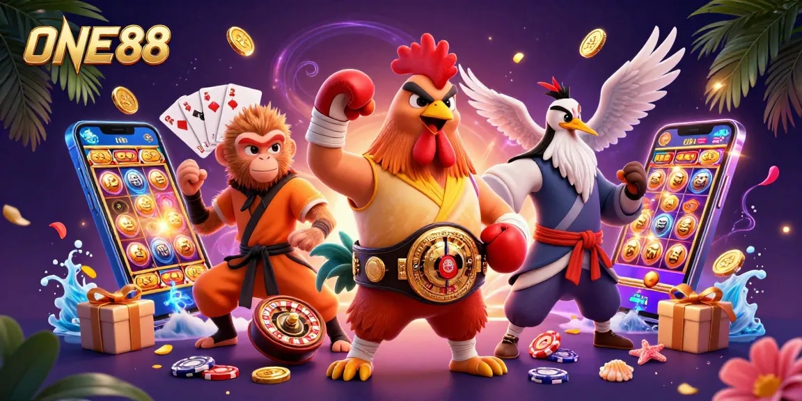 Engage with ONE88's thrilling gaming universe featuring vibrant characters and dynamic casino elements.