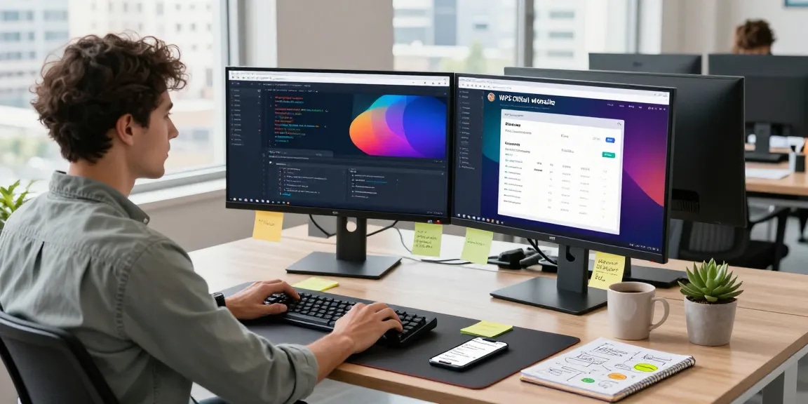 A software developer in a modern workspace engaged in coding for the WPS Official Website, surrounded by technology and a vibrant office atmosphere.