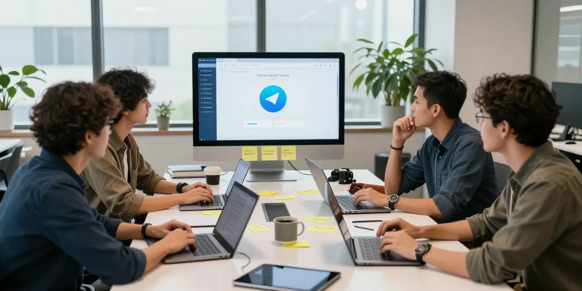 Team brainstorming on Telegram Web Version project in a modern workspace.