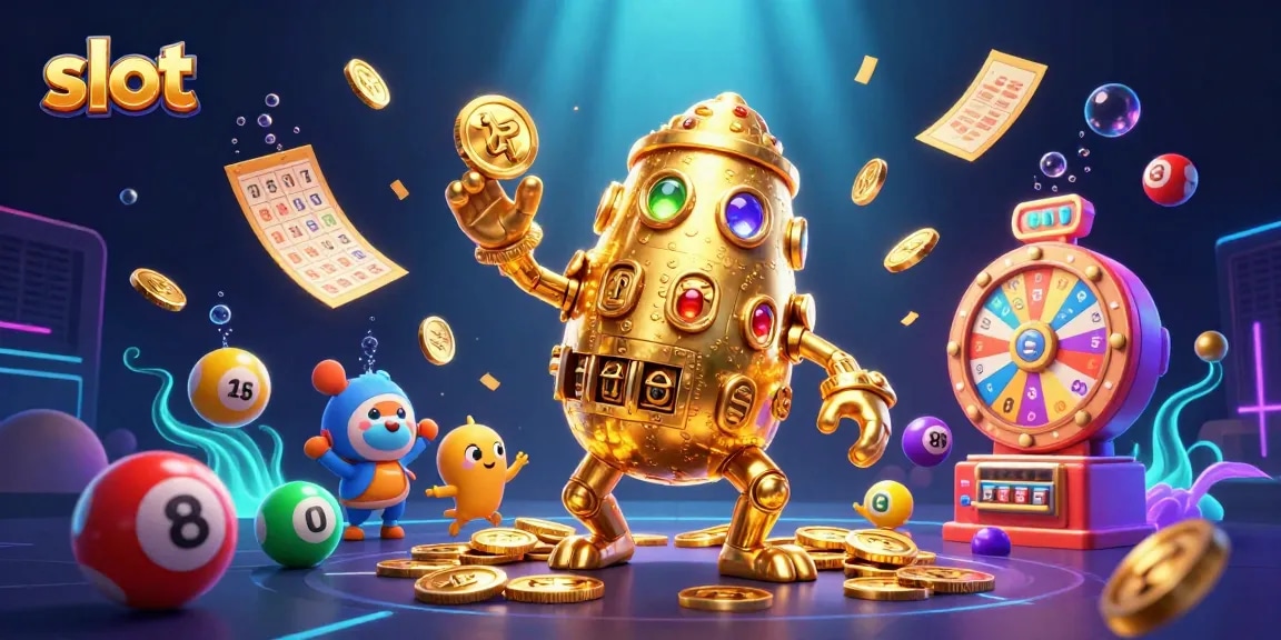Engage in exciting slot games with a animated golden golem surrounded by colorful game elements.