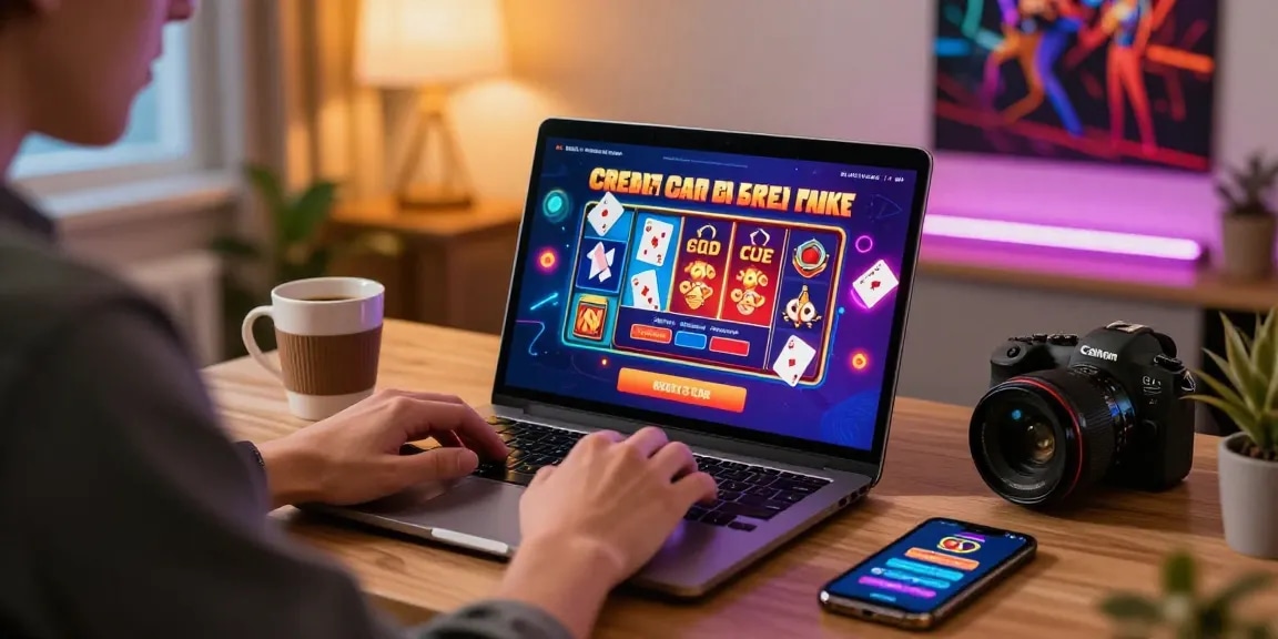 Engaging scene of a player exploring credit card casinos on a laptop at home, surrounded by gaming elements.