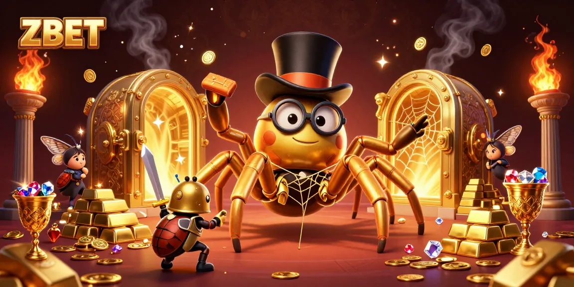 ZBET presents a thrilling casino experience with golden elements and adventurous characters.