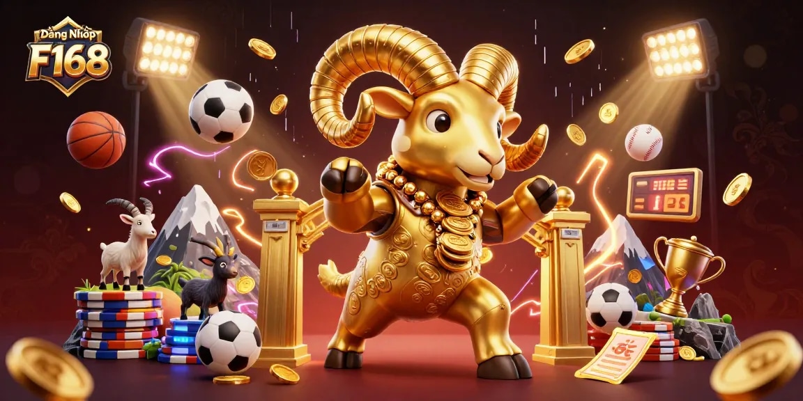 Experience seamless Đăng Nhập F168 with a stunning display of a golden ram and sports elements for online casino excitement.