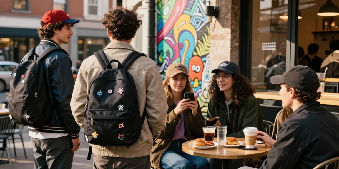 Creative individuals displaying custom enamel pins at a trendy café, showcasing personal style and urban fashion.