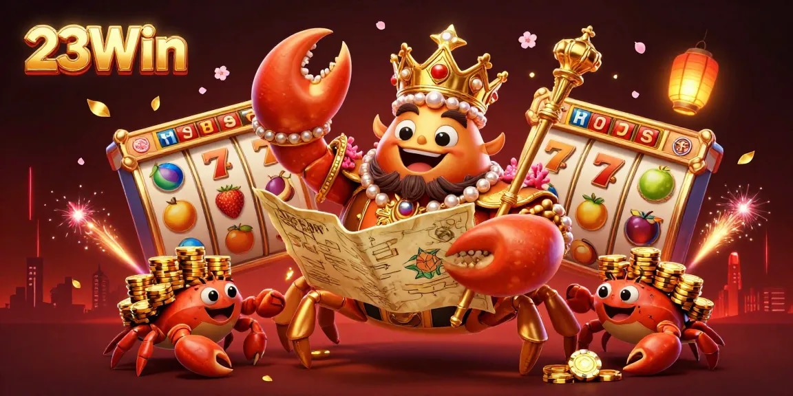 Experience the excitement of 23Win with a vivid 3D casino scene featuring a golden crab emperor amidst slot reels and celebratory elements.