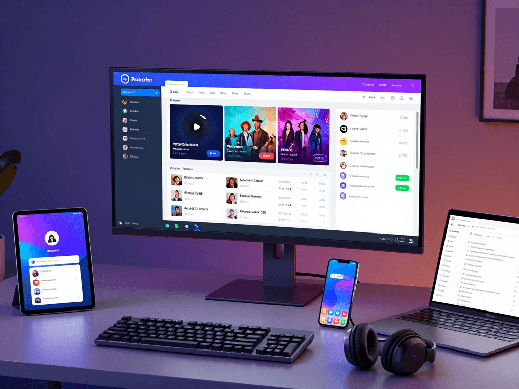 IPTV subscription management panel showcasing AI technology, cloud integration, and user-friendly interface for efficient digital broadcasting.