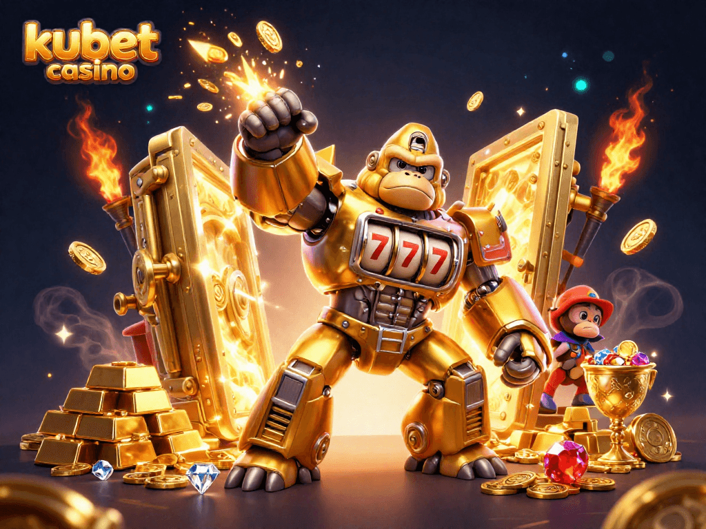 Experience thrilling action at kubet casino with dynamic characters and dazzling treasures in this illustration.