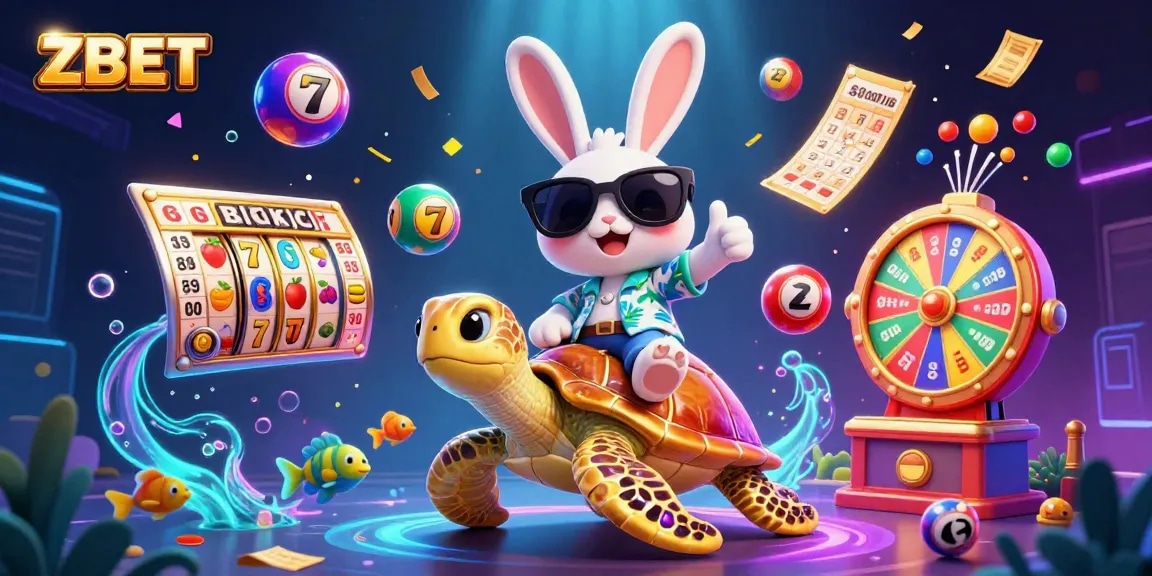 ZBET promotes thrilling slots with a lucky rabbit and golden turtle, showcasing jackpot excitement.