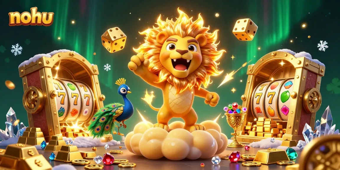 Nohu powers up with a vibrant 3D casino scene featuring golden lion and dynamic slot symbols.