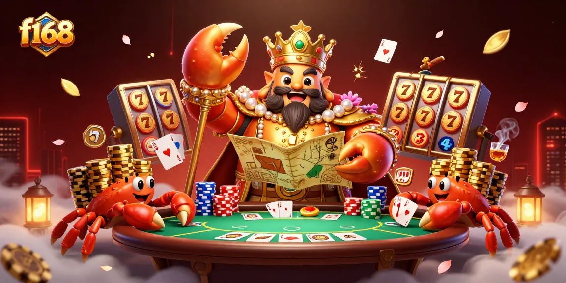 Experience the excitement of f168 with a golden crab emperor amidst vibrant casino elements.