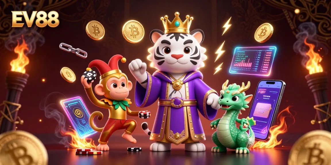 Bet on EV88 with excitement as a white tiger crowns beneath golden glory with poker chips swirling!