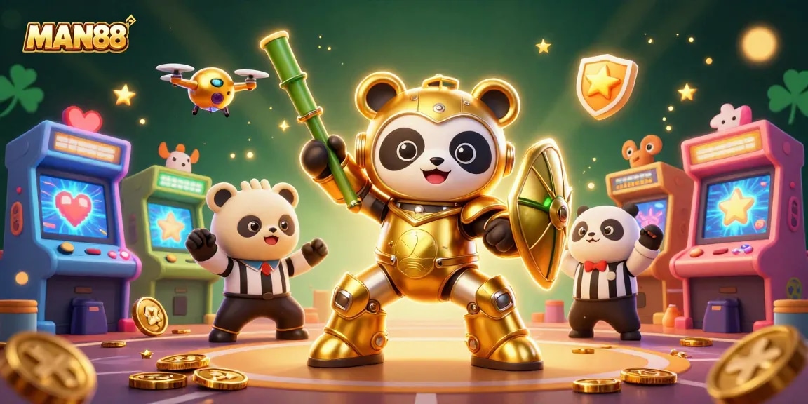 Engage with MAN88's thrilling gaming action illustrated with a golden panda mech-suit and arcade elements.