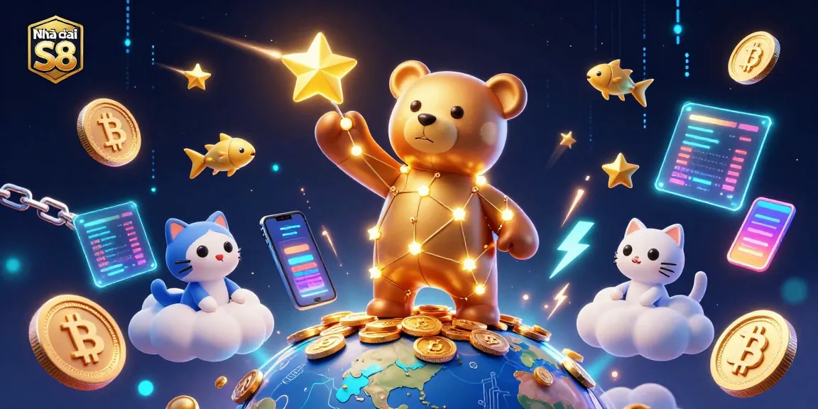 Engage with Nhà cái S8 while exploring the exciting world of digital gambling with a dynamic casino illustration.
