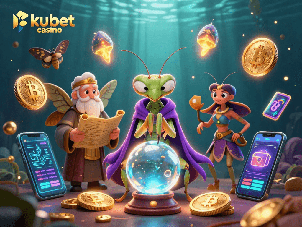 Experience kubet casino magic as a praying mantis fortune teller unveils secrets in a mystical setting.