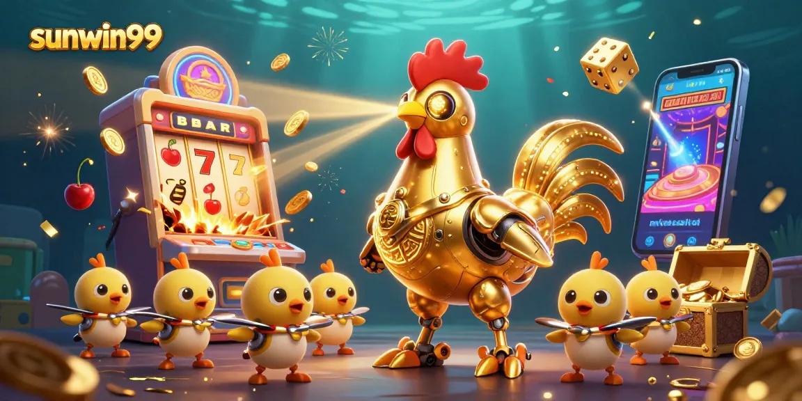 Play exciting casino games at sunwin99, featuring a vibrant 3D illustration of a golden rooster robot and slot machine.