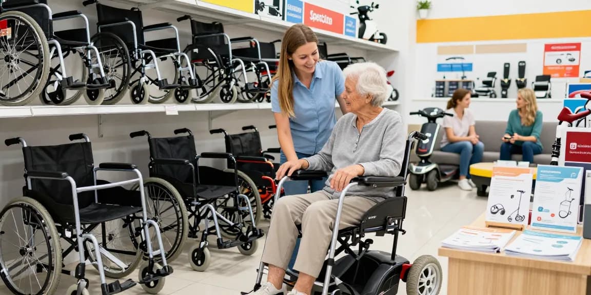 Customer interacting with a salesperson to buy nobility aids in a bright, welcoming mobility aid store.