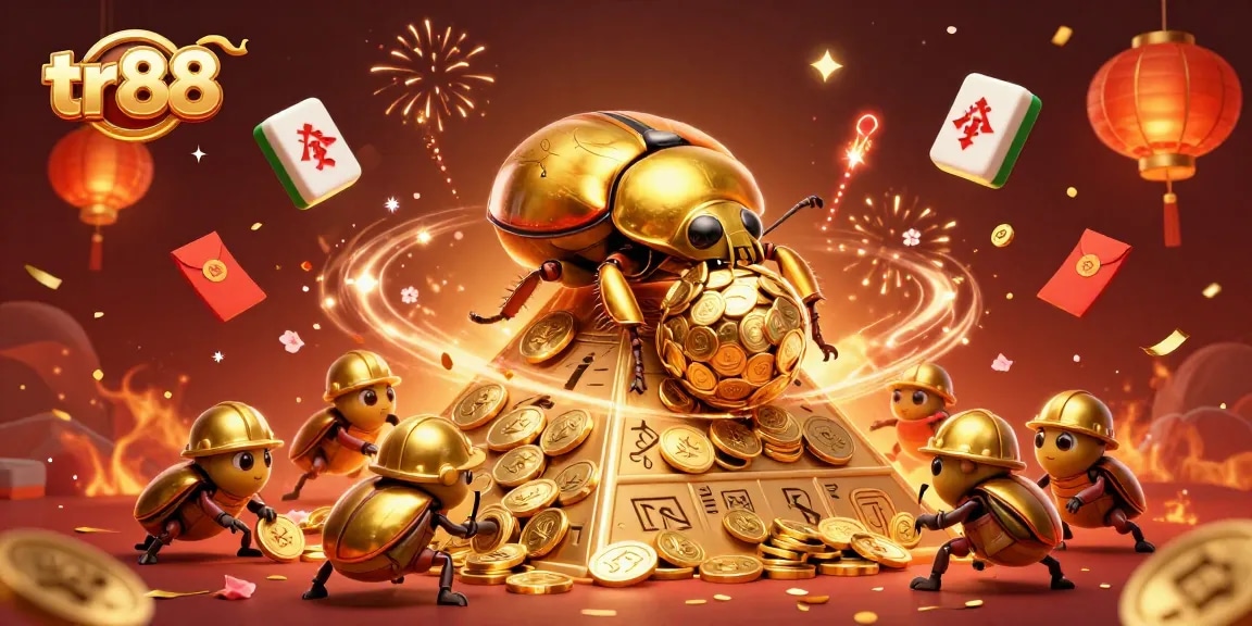 Experience the excitement of tr88 with stunning golden beetles rolling coins in a vibrant casino scene.