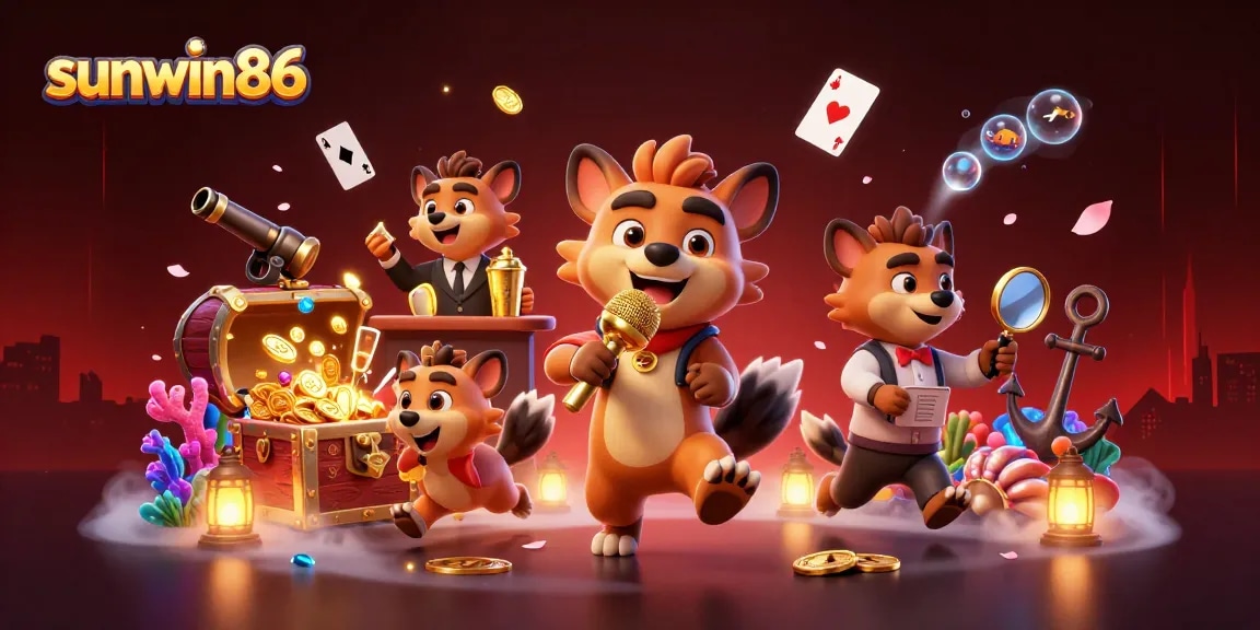 A dynamic scene of hyenas at a comedy casino club, showcasing sunwin86 gaming elements and vibrant depictions.