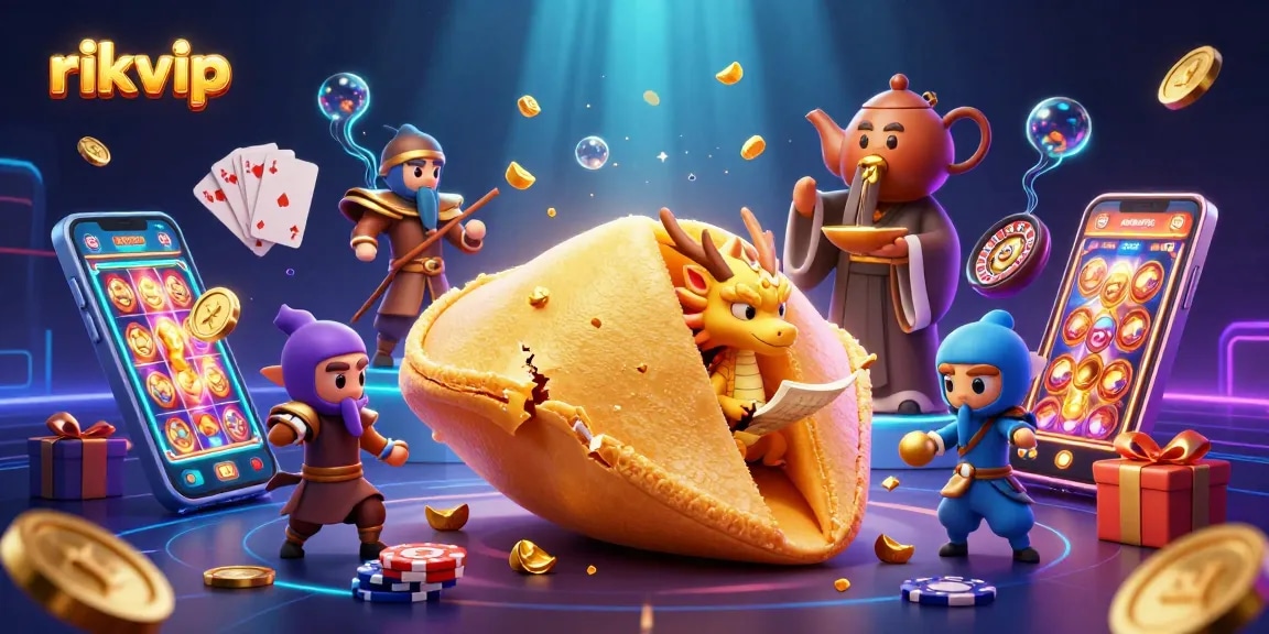 rikvip showcases vibrant 3D elements celebrating dynamic casino gaming experiences with golden fortune cookie characters