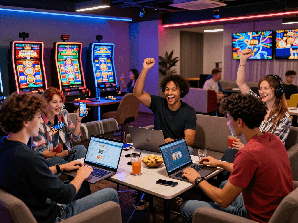Group enjoying a game experience at non UK registered casinos, celebrating a big win with digital devices and vibrant decor.