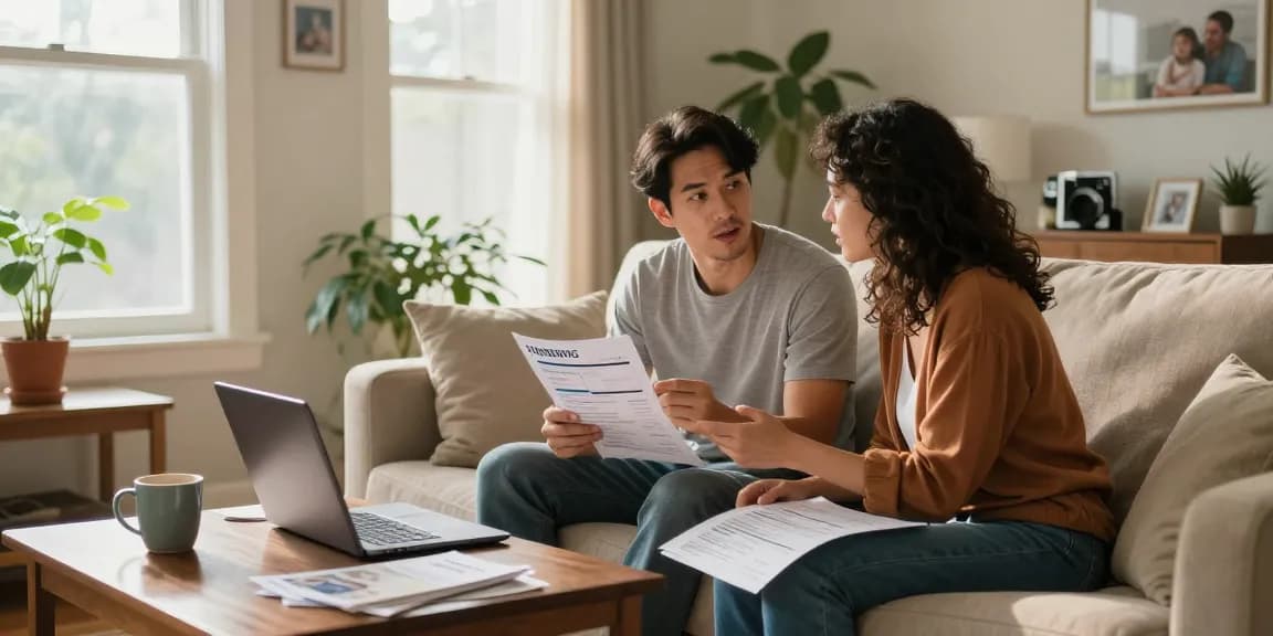 Couple discussing options for best timeshare exit companies in a cozy living room.
