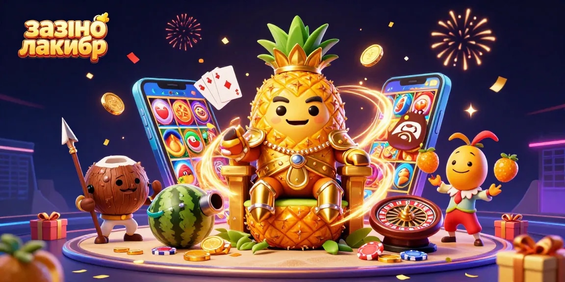 Experience excitement at казино лакибир with a vibrant casino scene featuring a golden pineapple king.
