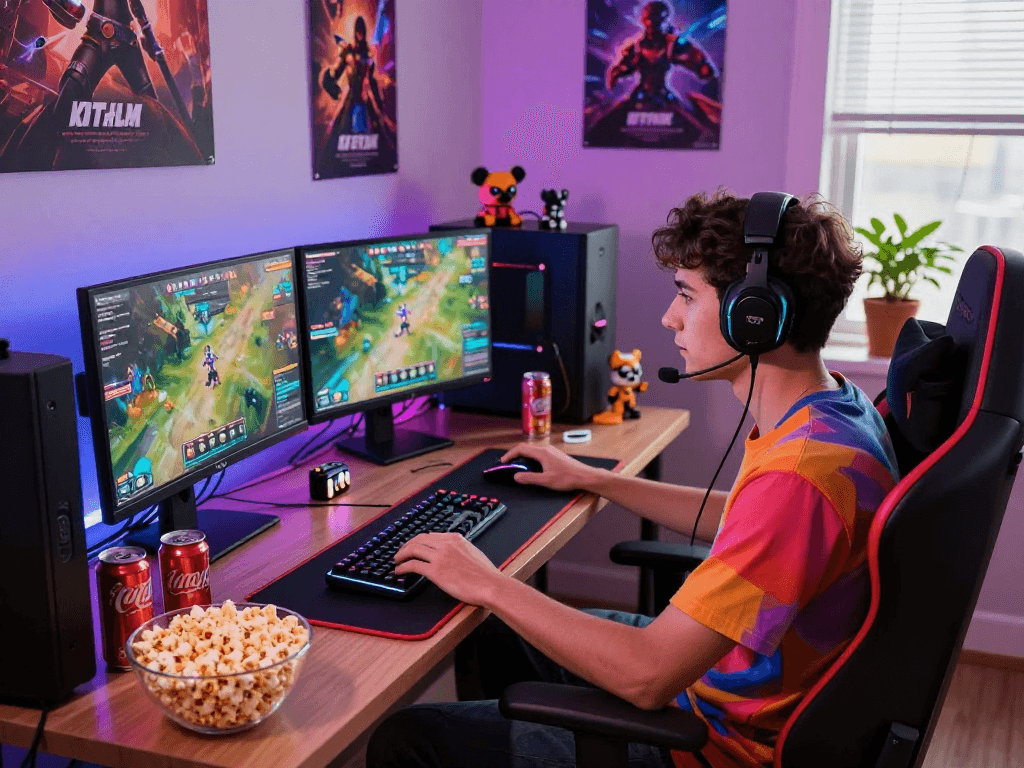 Engaged gamer enjoying rokok88 on multiple monitors in vibrant gaming den.