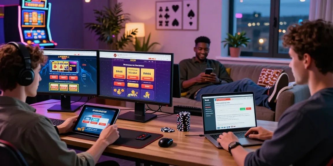 Engaging scene of players exploring non-UK casino sites on various devices at https://rcnhca.org.uk, highlighting diverse gaming options and excitement.