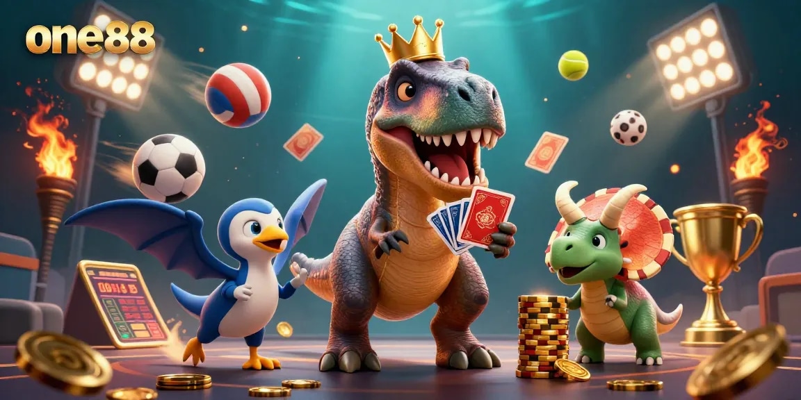 Experience thrilling gameplay at one88 with friendly dinosaur characters and vibrant casino elements.