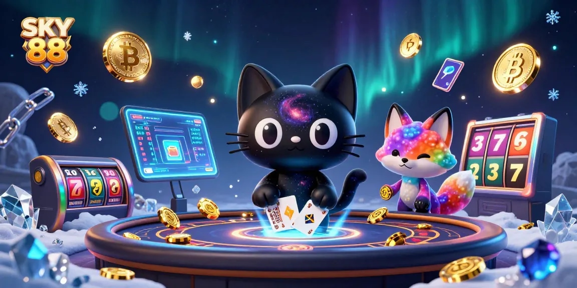 Engage with SKY 88 at a vibrant cosmic casino featuring animated characters and crypto elements.