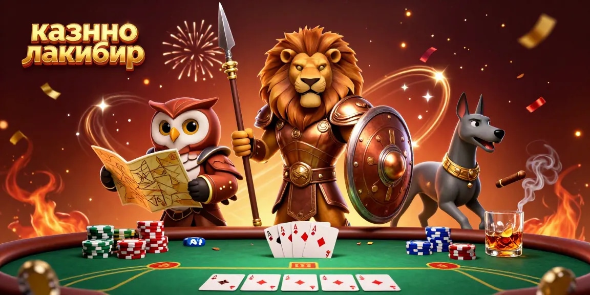 Engage in thrilling action at казино лакибир with a dynamic 3D illustration of casino heroes and poker elements.