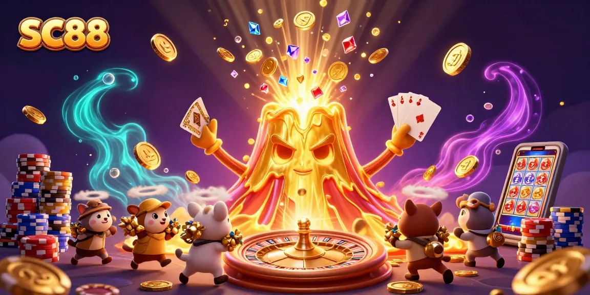 SC88 showcases the epic eruption of a golden volcano amid cascading coins and treasures.