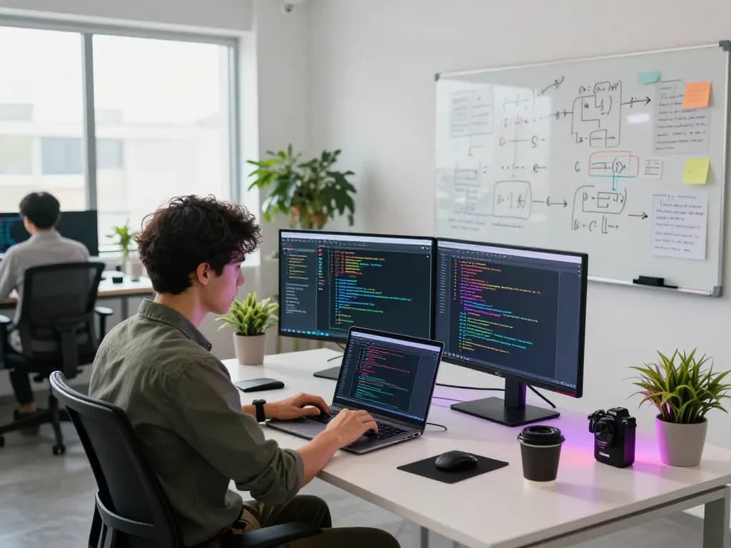 A developer working on hbet software at a modern workspace filled with code and tech gadgets.