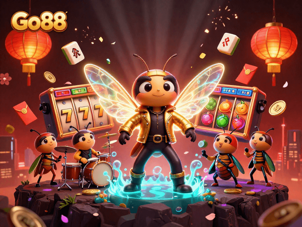 Engage with Go88's vibrant online casino experience featuring colorful slots and energetic characters.