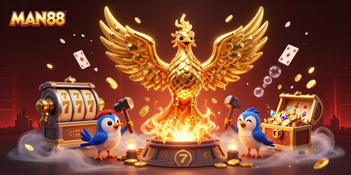 Experience premier gaming action with MAN88, featuring golden phoenix and vibrant slots in a lively casino scene.