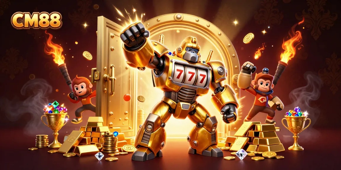 Experience thrilling adventure with CM88's ultimate casino games featuring golden gorilla mech and jackpot treasures!
