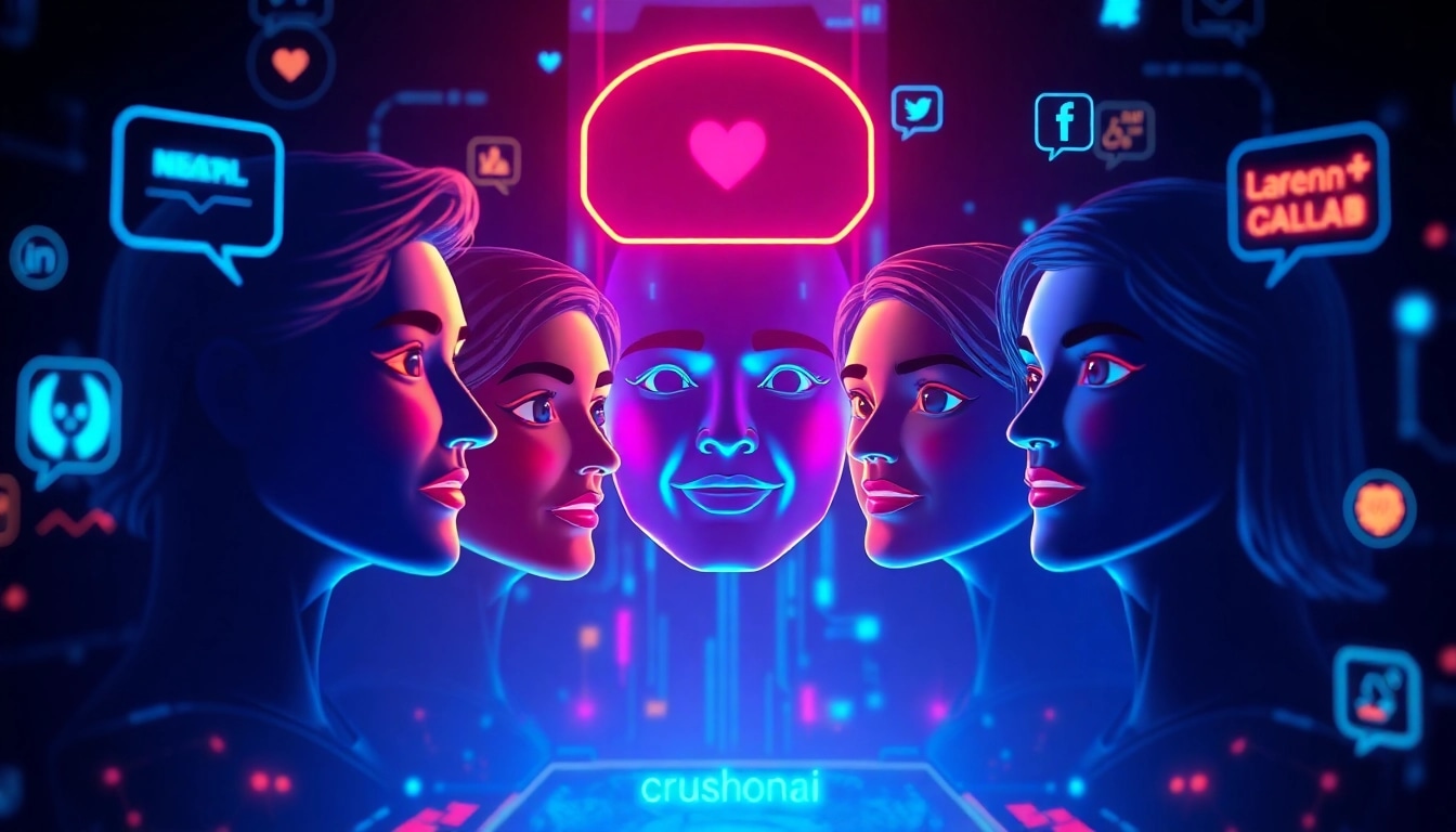 Engaging digital chat interface showcasing crushonai AI avatars with vibrant colors.